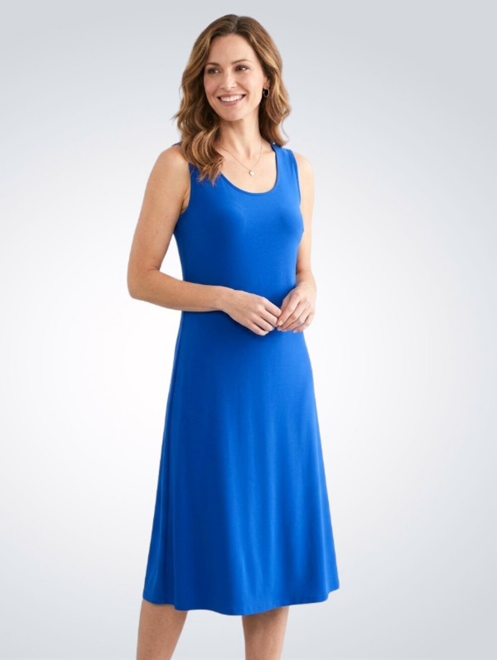 SYMPLI Flowing Sleeveless Midi Tank Dress Blue Scoop-Neck Stretchy Summer Size 8